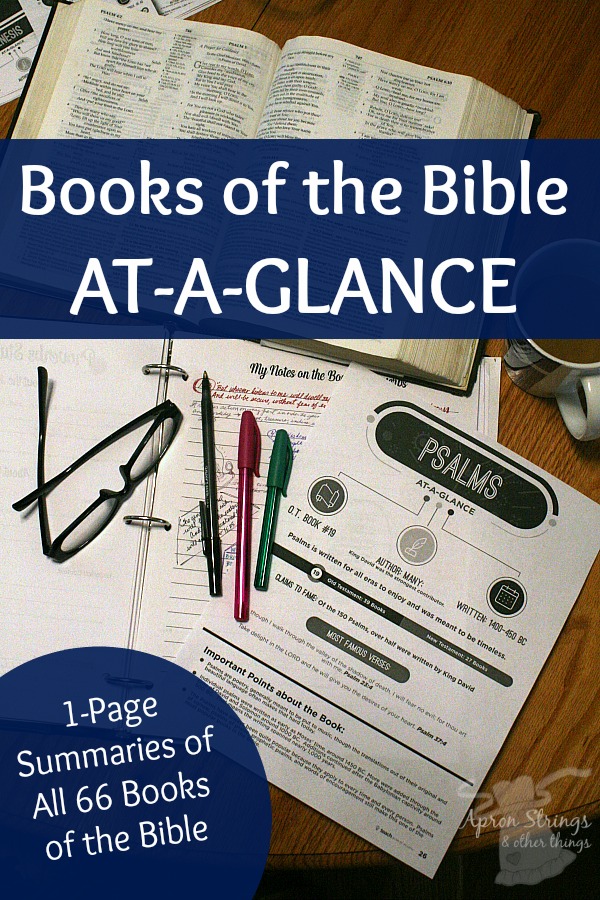 Books of the Bible AT-A-GLANCE one page summaries 66 books at ApronStringsOtherThings.com