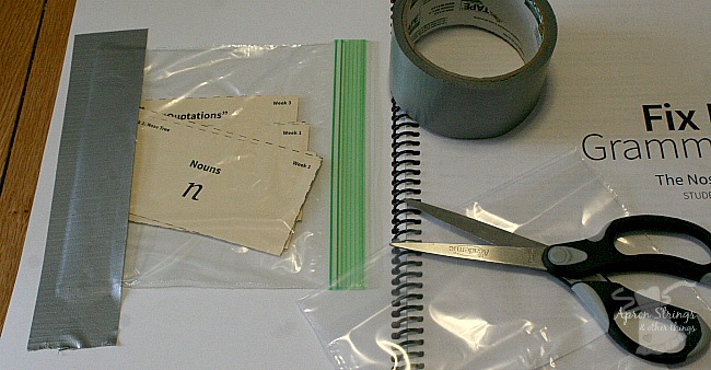 IEW Fix It! Grammar flashcards taped to cover at ApronStringsOtherthings.com